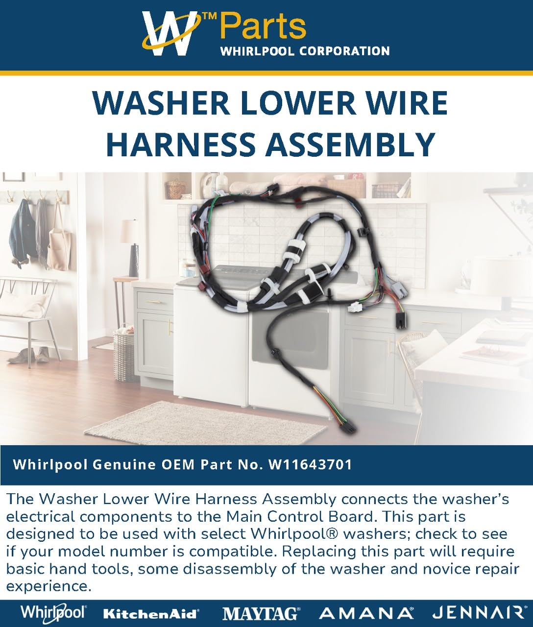 Whirlpool W11643701 OEM Washer Lower Wire Harness Assembly