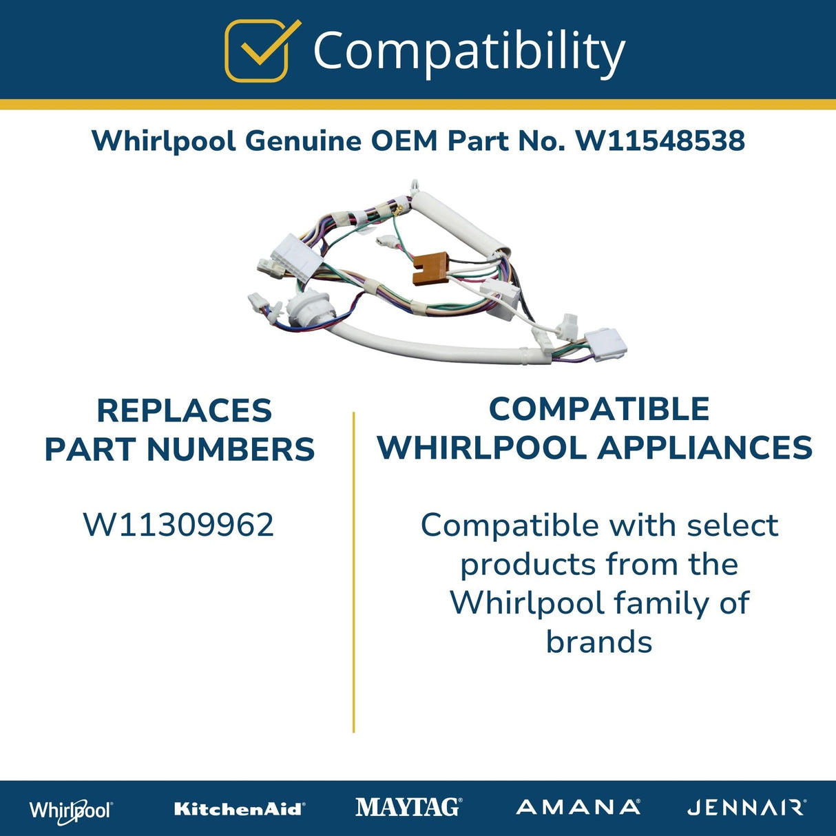 Whirlpool W11548538 Genuine OEM Refrigerator Wire Harness Replacement Part - Replaces W11309962