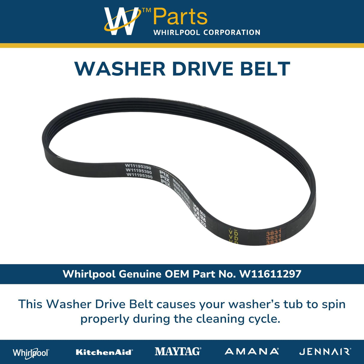 Whirlpool W11611297 OEM Washer Drive Belt, Black