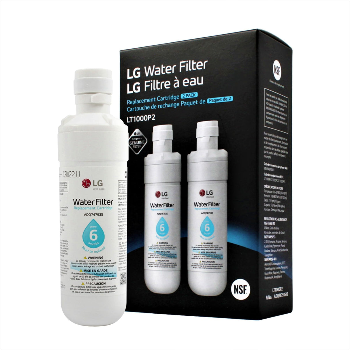 LG LT1000P2 6-Month / 200 Gallon Refrigerator Replacement Water Filter, 2 Count (Pack of 1), White.