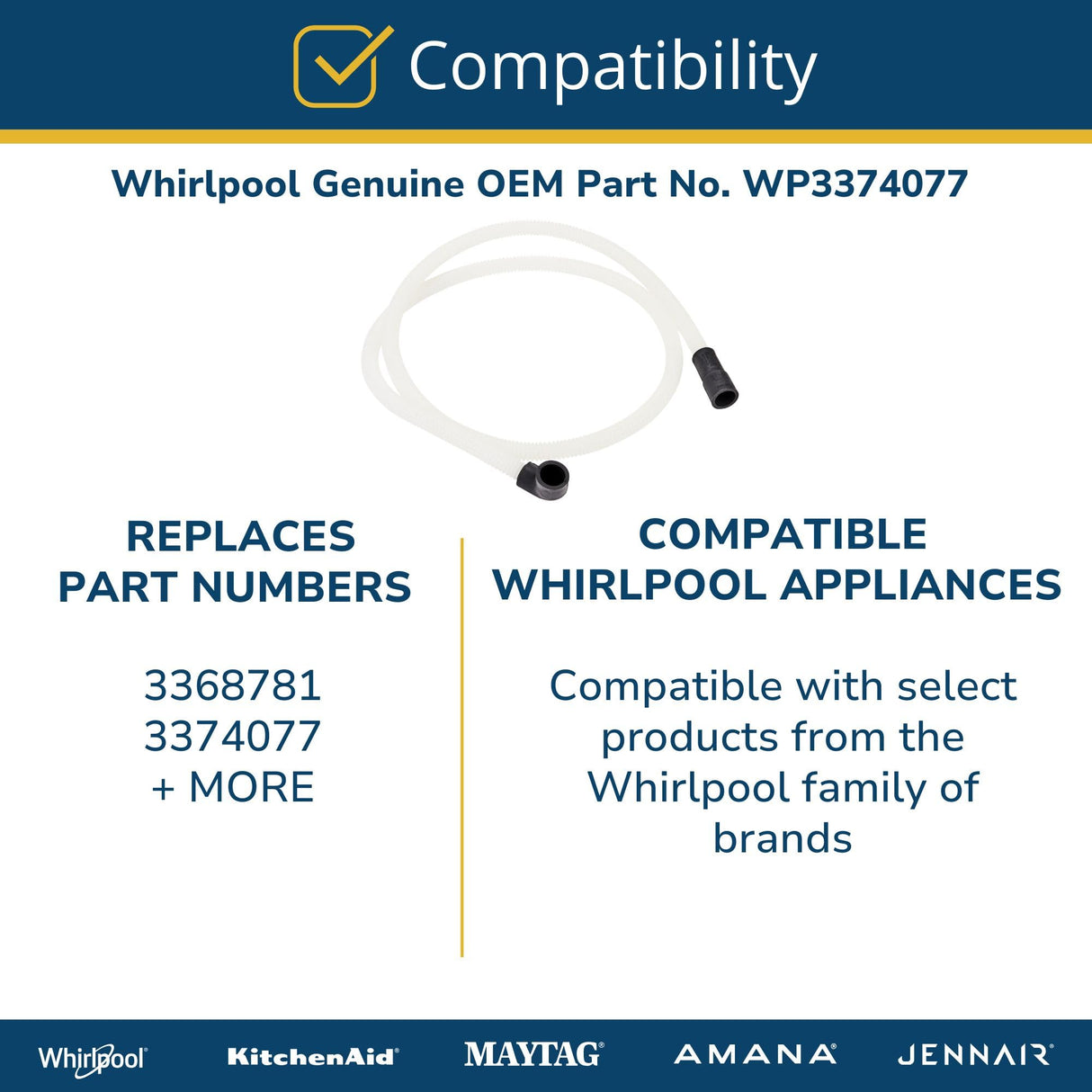 Whirlpool WP3374077 Genuine OEM Dishwasher Drain Hose Replacement Part - Replaces 3368781 and 3374077