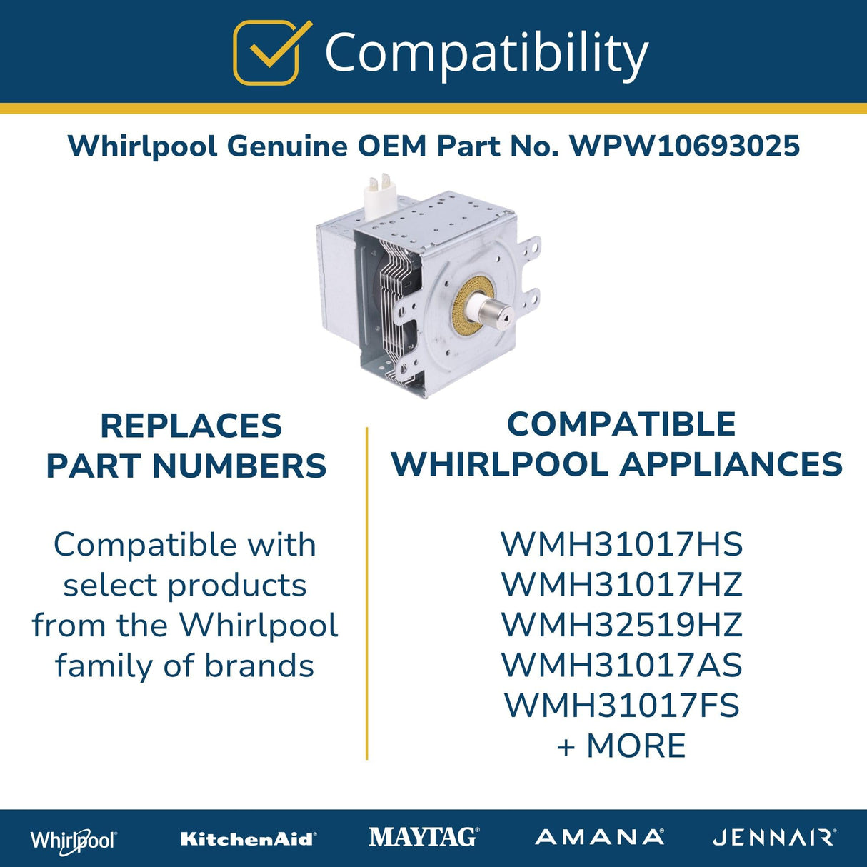 Whirlpool WPW10693025 OEM Microwave Magnetron, White