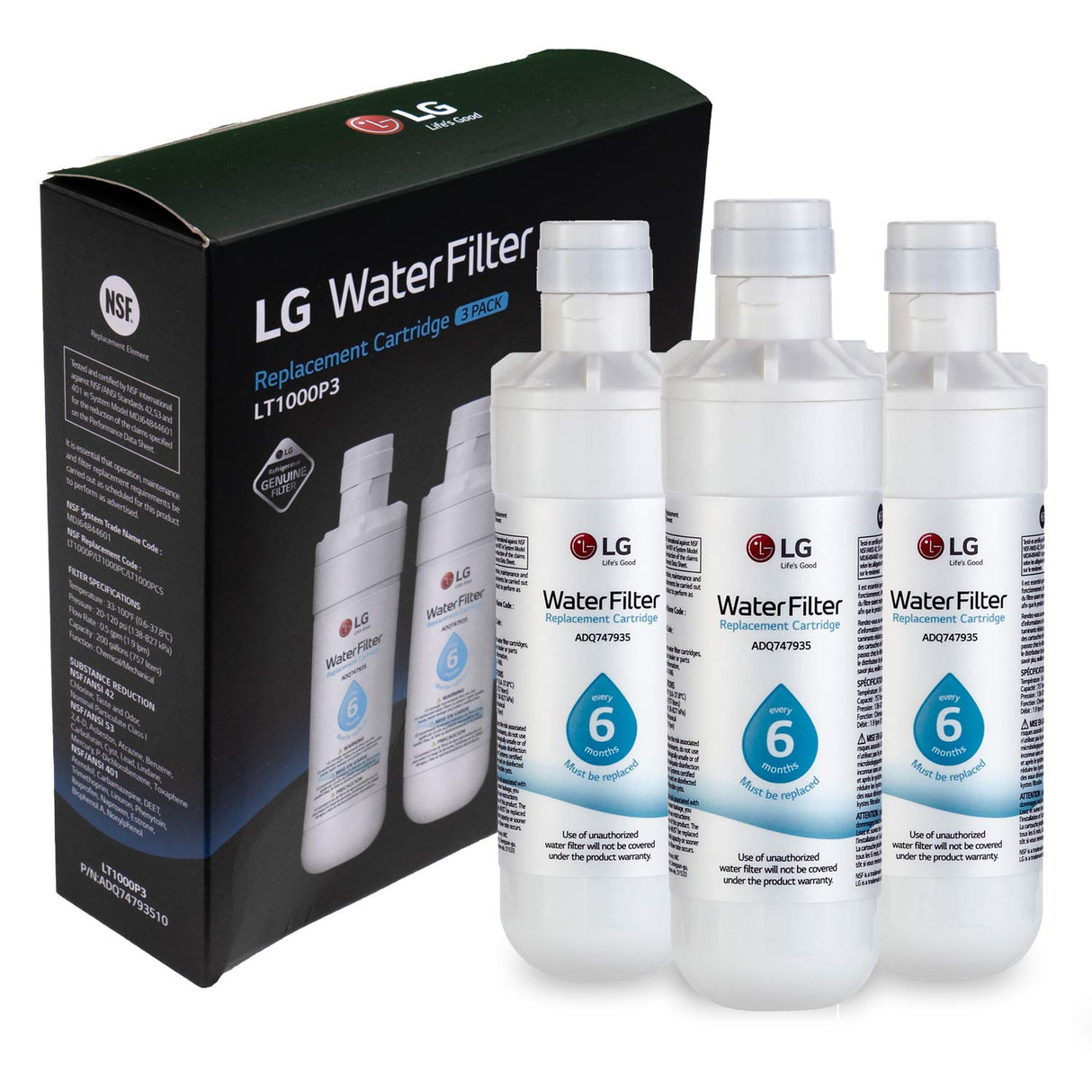 LG LT1000P3 6-Month / 200 Gallon Refrigerator Replacement Water Filter, 3 Count (Pack of 1), White