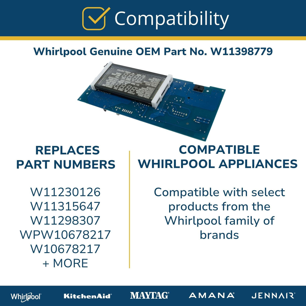 Whirlpool W11398779 Genuine OEM Dryer Control Board Replacement Part - Replaces W11230126, W11315647, W11298307, and more