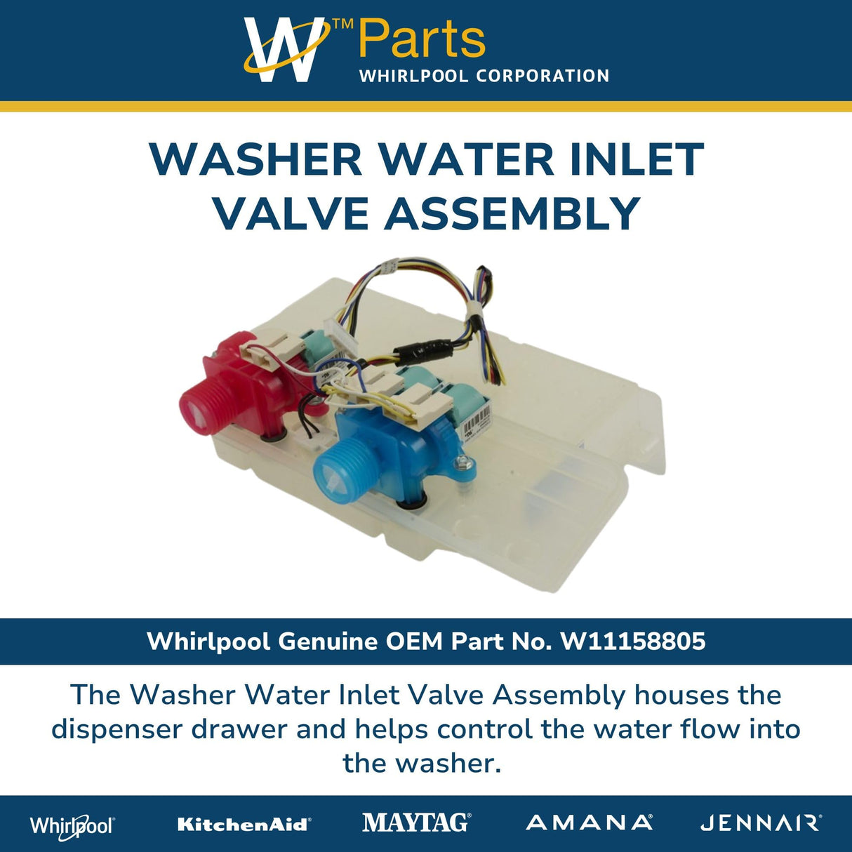 Whirlpool W11158805 Washer Dispenser Housing and Water Inlet Valve Assembly (Replaces W10921579, W10601447) Genuine Original Equipment Manufacturer (OEM) Part