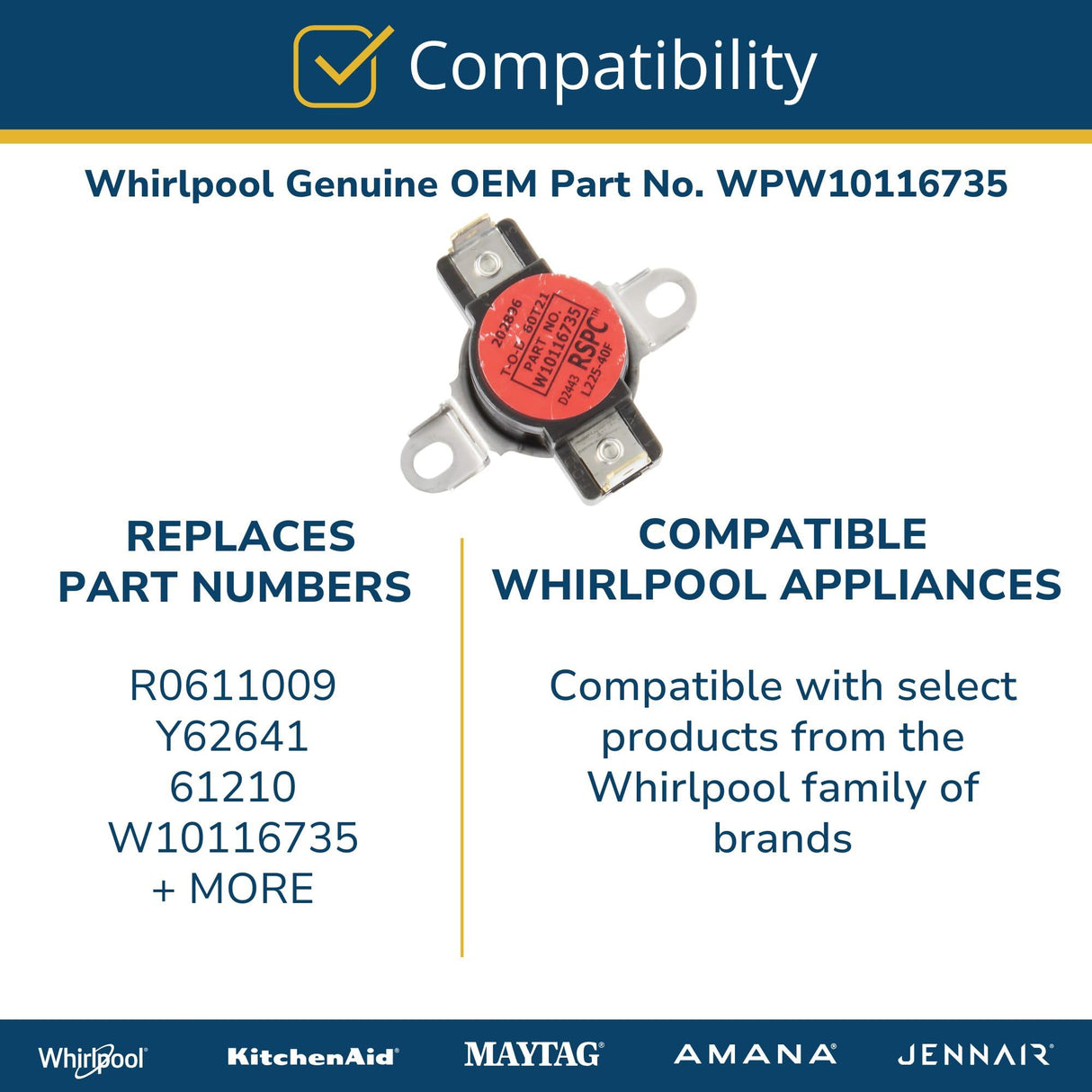 Whirlpool WPW10116735 Genuine OEM Dryer High Limit Thermostat