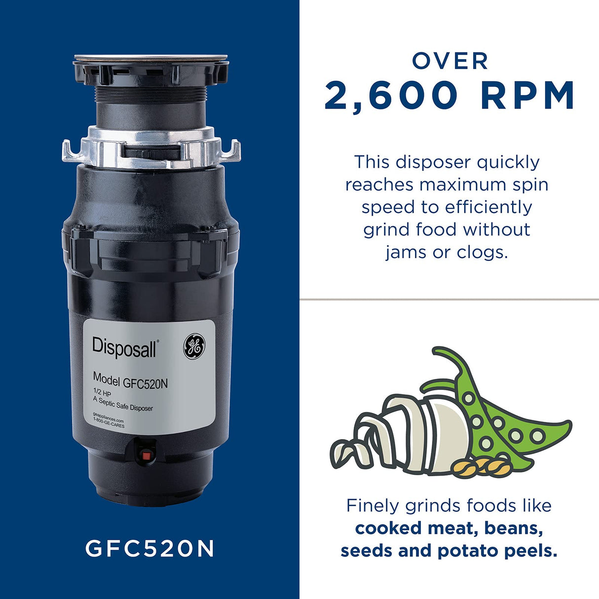 GE GFC520N Continuous Feed Garbage Disposal, 1/2 Horsepower