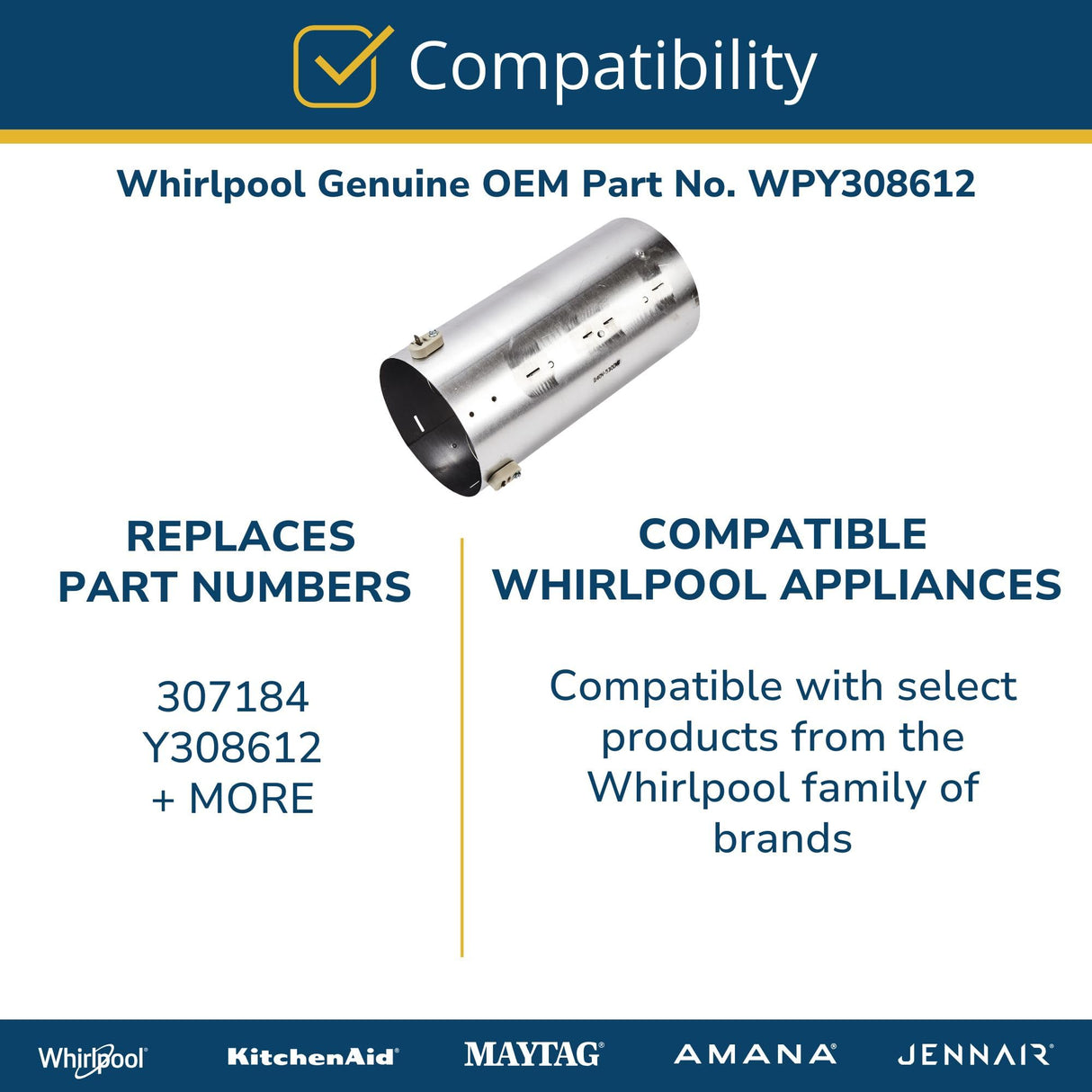 Whirlpool WPY308612 Genuine OEM Dryer Heating Element Replacement Part - Replaces 307184 and Y308612