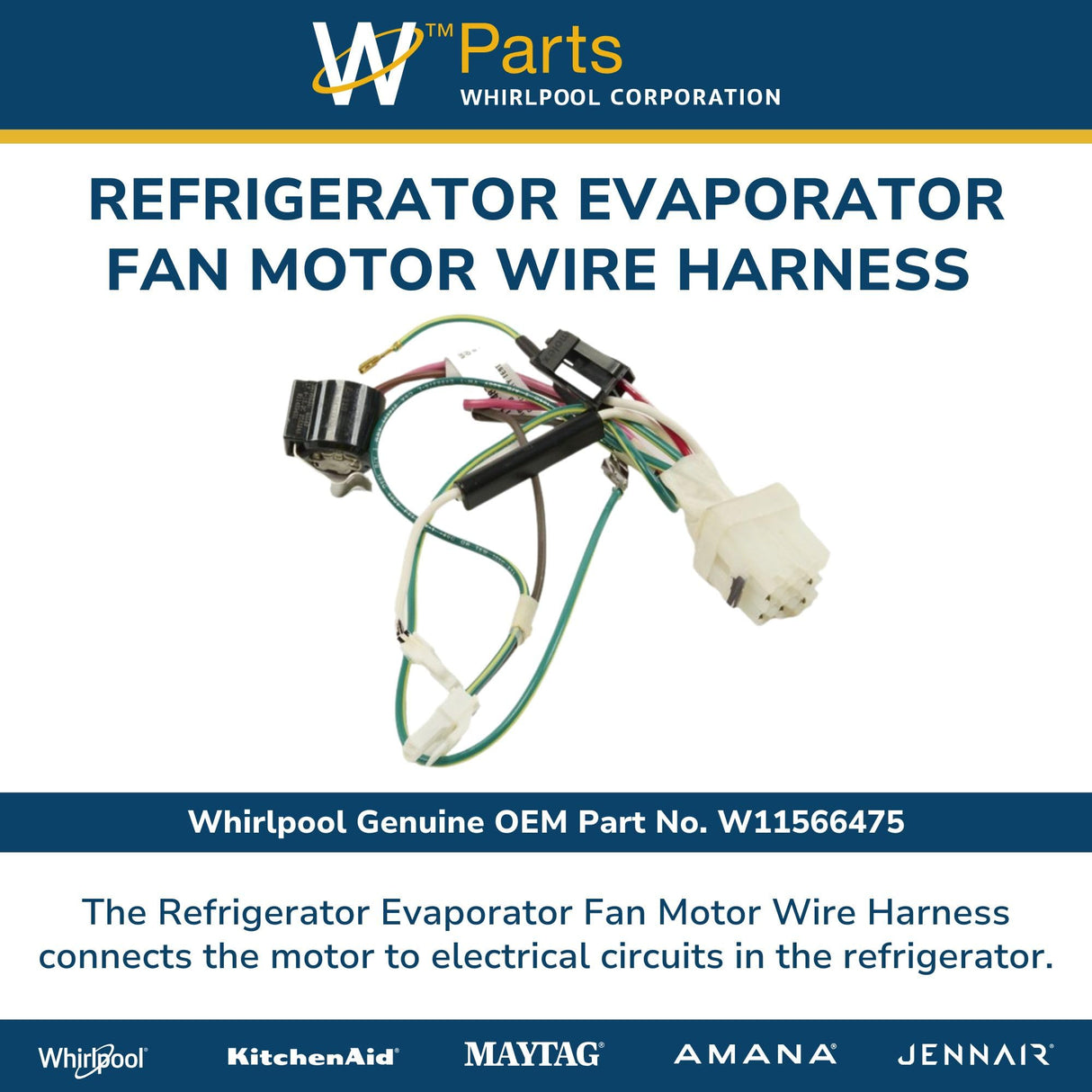 Whirlpool W11566475 Genuine OEM Refrigerator Evaporator Fan Motor Wire Harness