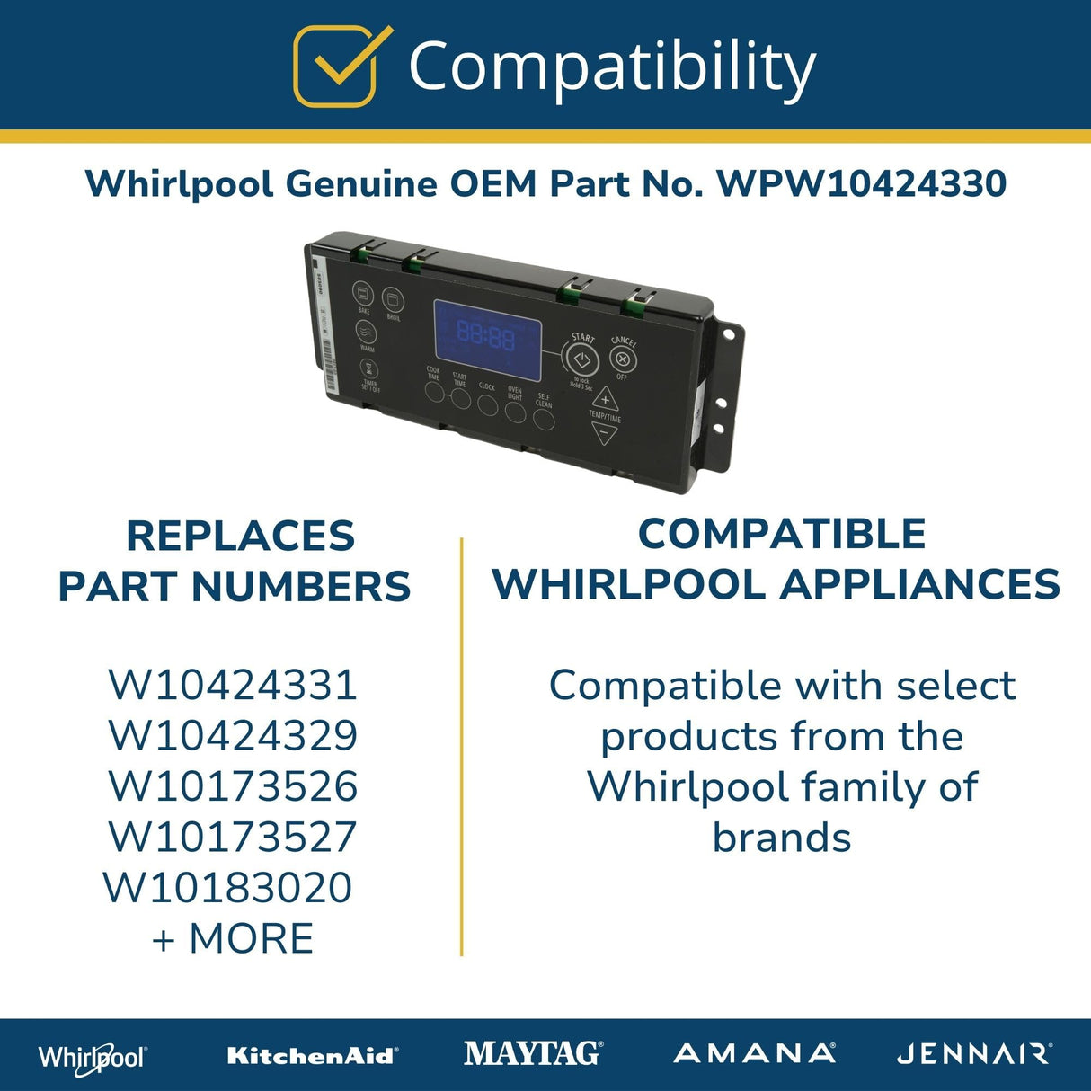 Whirlpool WPW10424330 Genuine OEM Range Oven Control Board Replacement Part - Replaces W10424331, W10424329, W10173526, and more