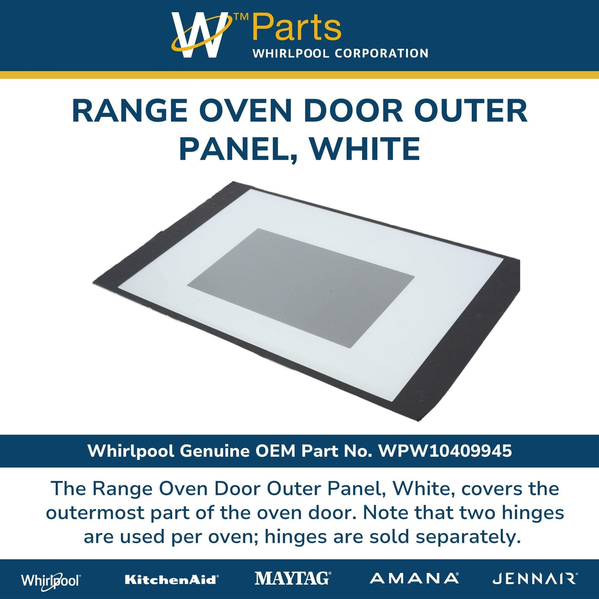 Whirlpool WPW10409945 Genuine OEM Range Oven Door Outer Panel, White