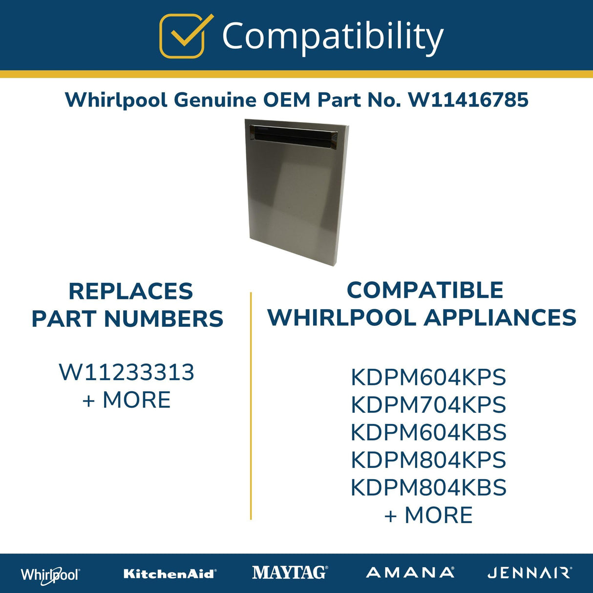 Whirlpool W11416785 Genuine OEM Dishwasher Door Outer Panel