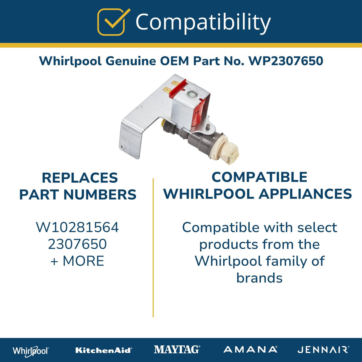 Whirlpool WP2307650 Genuine OEM Refrigerator Water Inlet Valve Replacement Part - Replaces W10281564 and 2307650