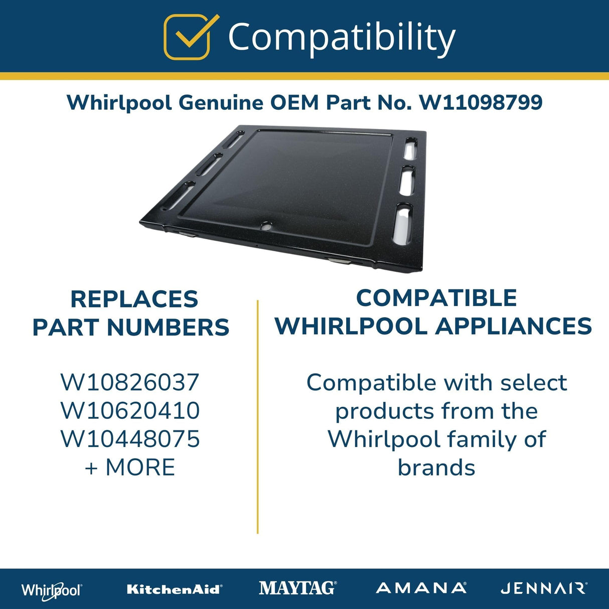 Whirlpool W11098799 Genuine OEM Range Bottom Panel Replacement Part - Replaces W10620410 and W10448075