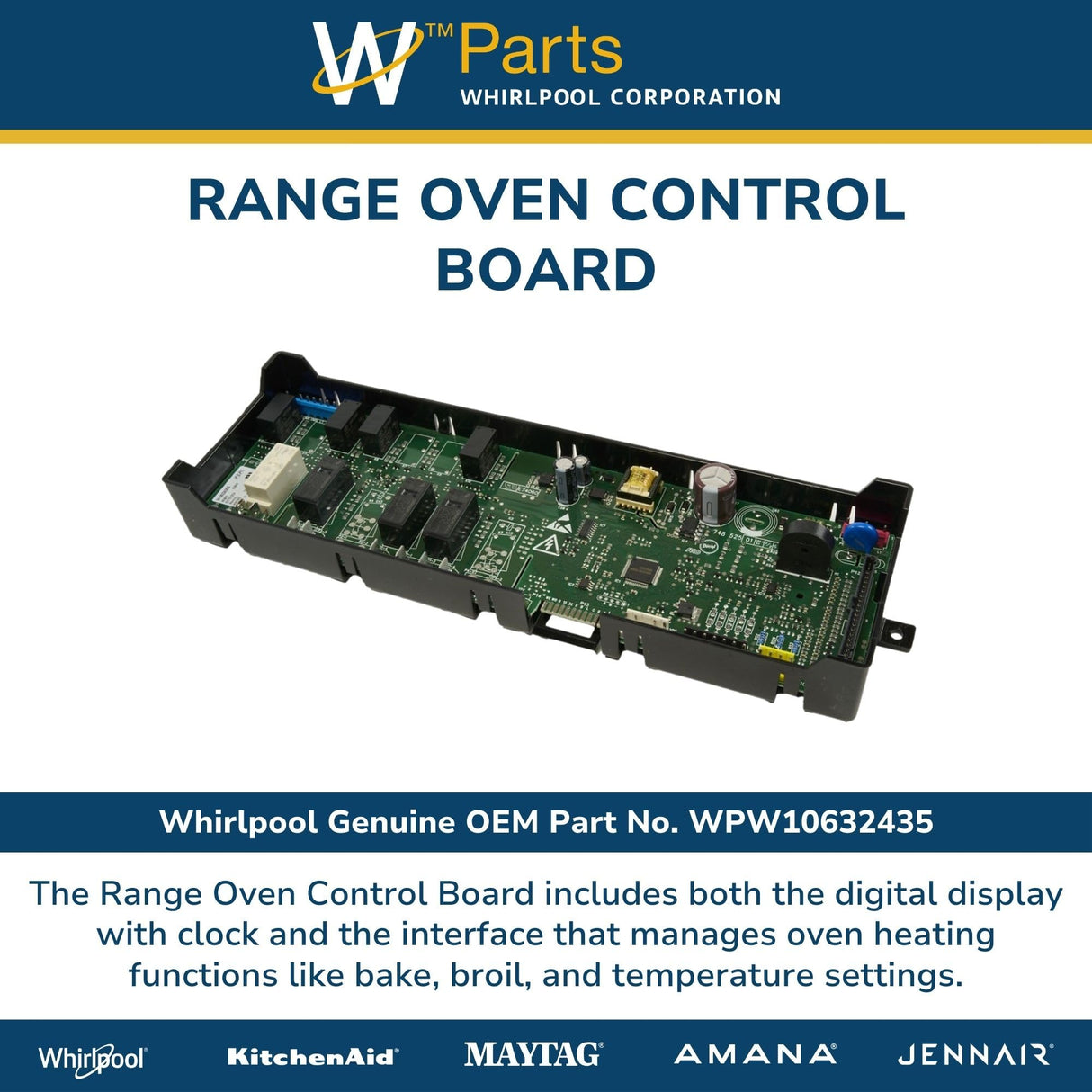 Whirlpool WPW10632435 Genuine OEM Range Oven Control Board Replacement Part - Replaces W10286219, W10518560, and W10632435