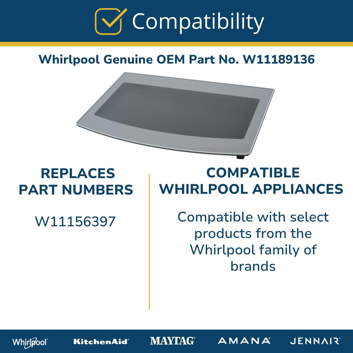 Whirlpool W11189136 Genuine OEM Top Load Washer Lid Assembly Replacement Part - Replaces W11156397