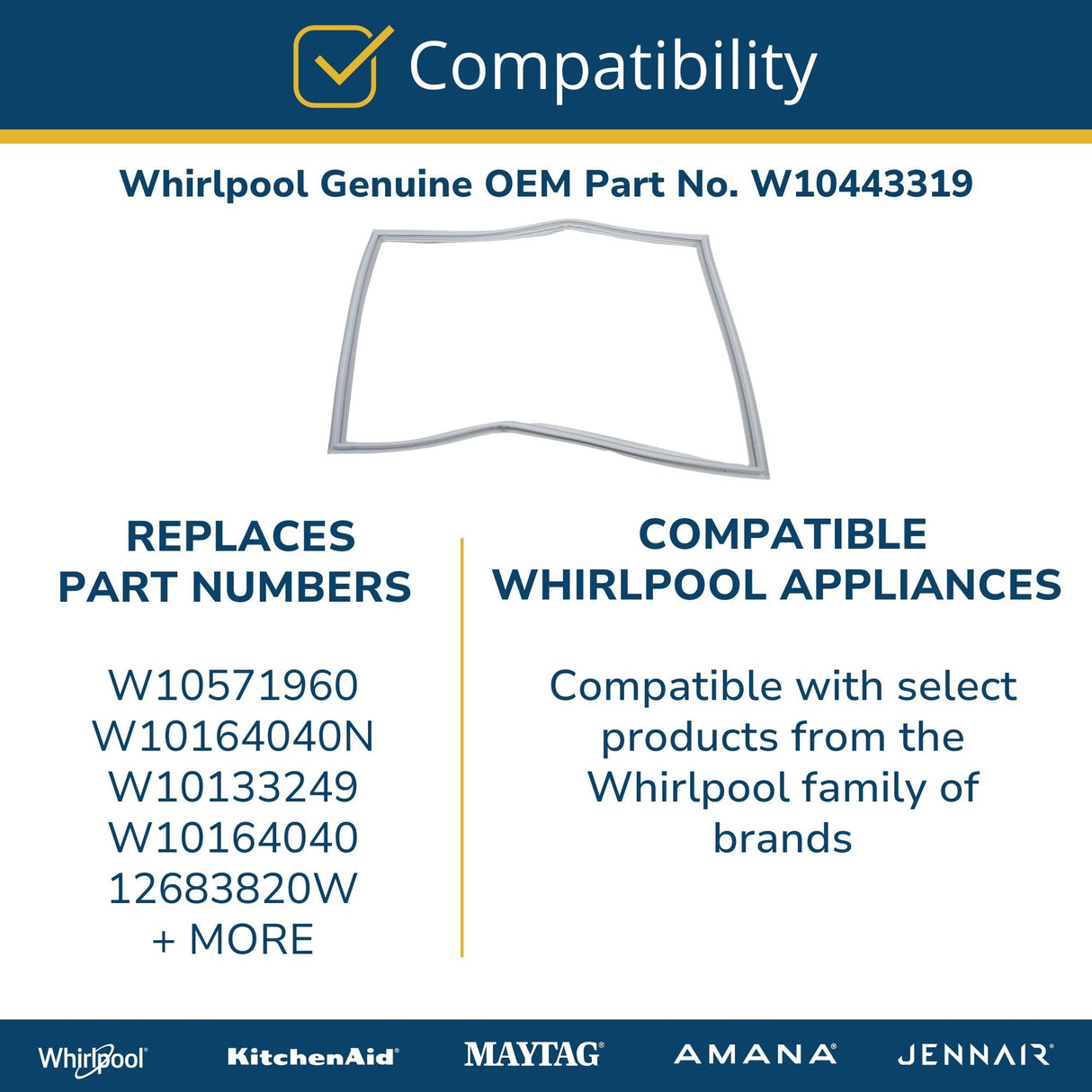Whirlpool W10443319 Refrigerator Freezer Door Gasket (White) (Replaces W10571960) Genuine Original Equipment Manufacturer (OEM) Part White