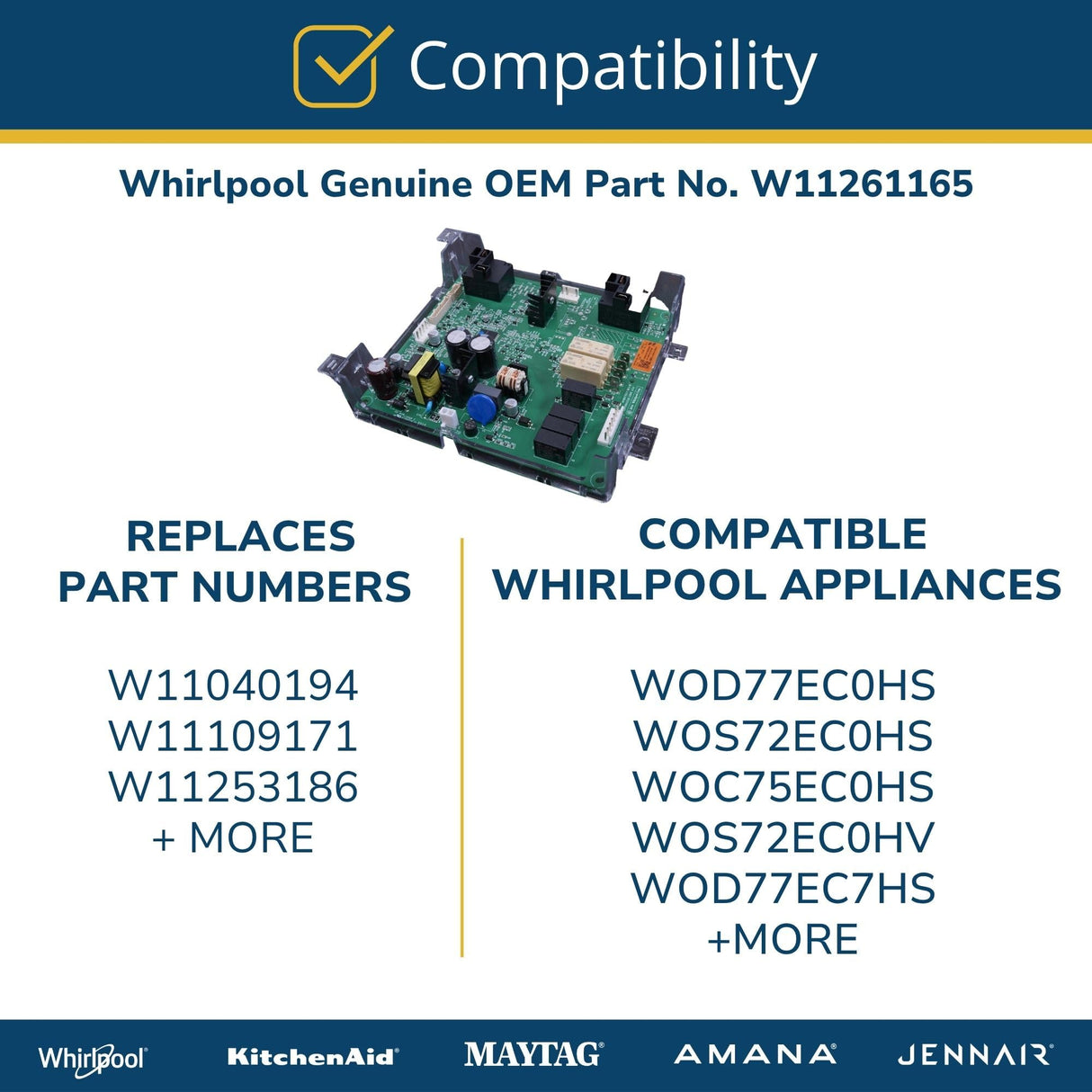Whirlpool W11261165 Genuine OEM Microwave Control Panel Replacement Part - Replaces W11040194, W11109171, and W11253186