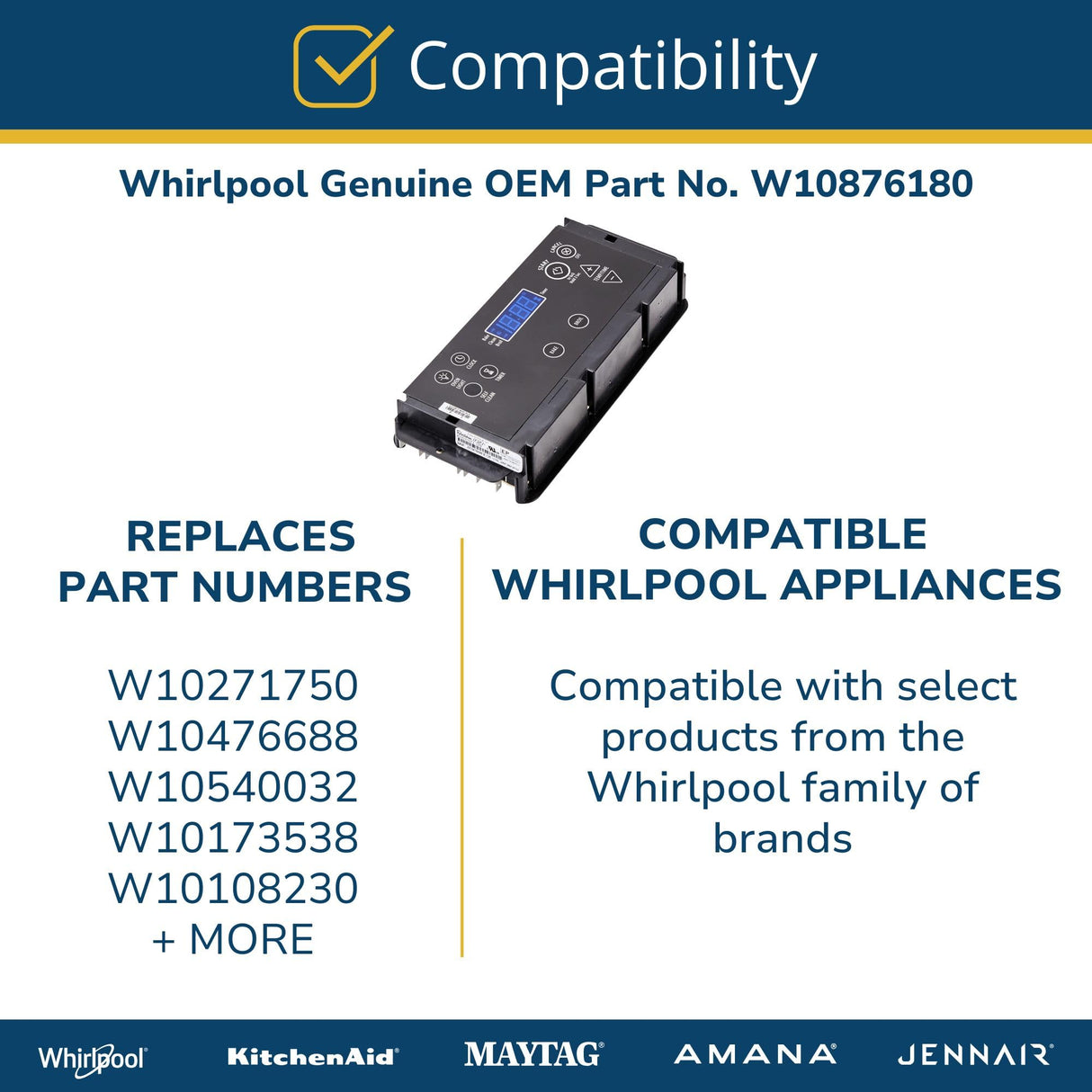 Whirlpool W10876180 Genuine OEM Range Oven Control Board Replacement Part - Replaces W10271750, W10476688, W10540032, and more
