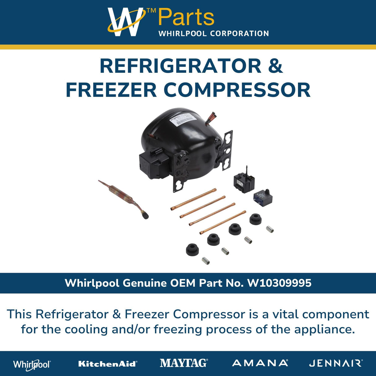 Whirlpool W10309995 Genuine OEM Refrigerator & Freezer Compressor Replacement Part - Replaces 4-32812-266, 4-32972-144, 4-62972-144, and more