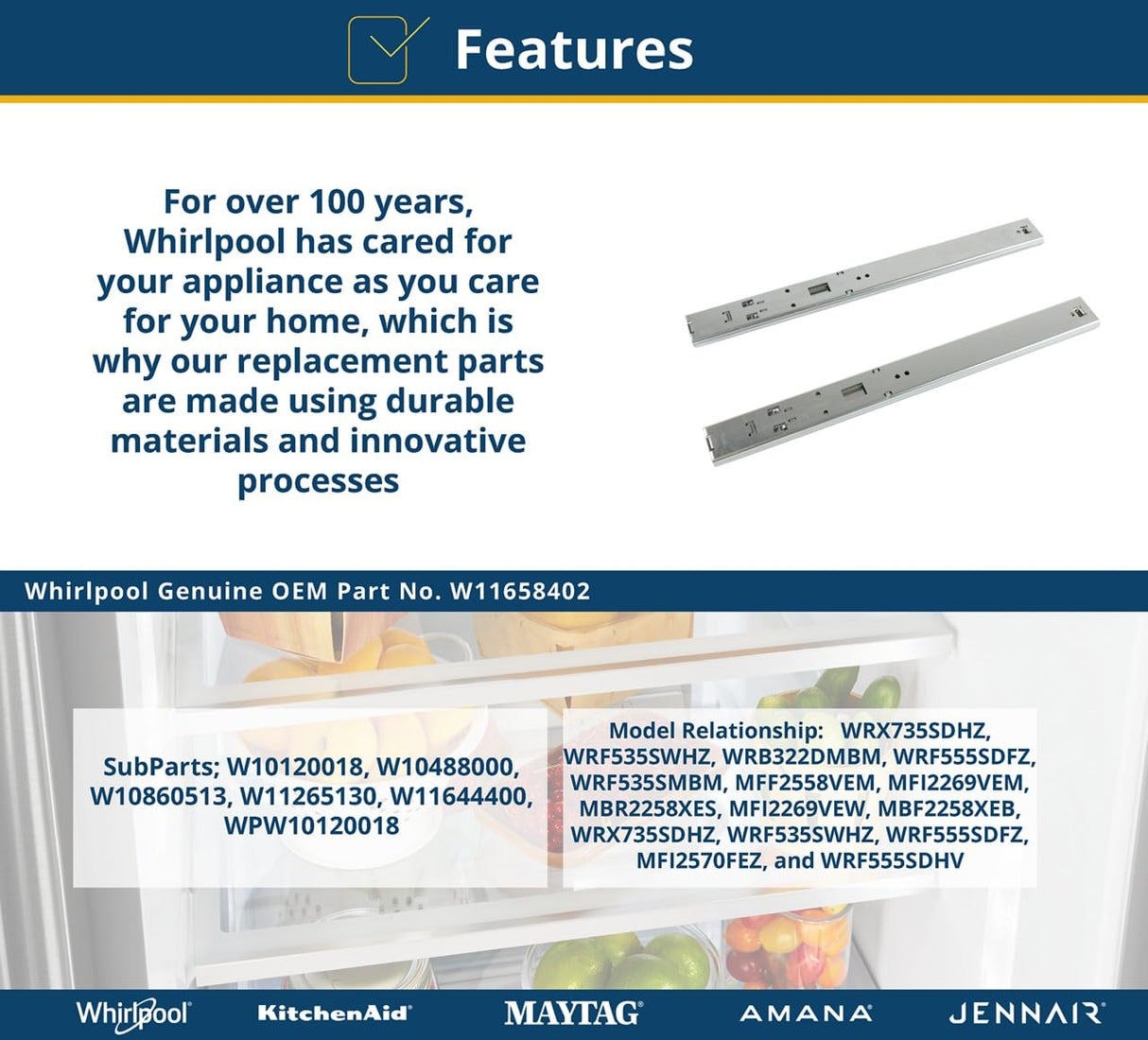 Whirlpool W11658402 Genuine OEM Refrigerator/Freezer Drawer Slide Rail, Set of 2