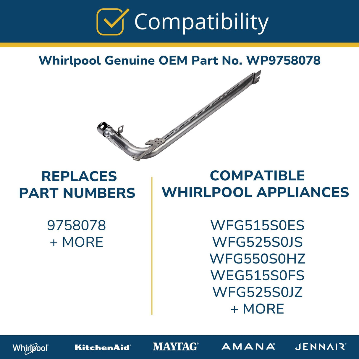 Whirlpool WP9758078 OEM Gas Range Bake Burner Tube, Silver