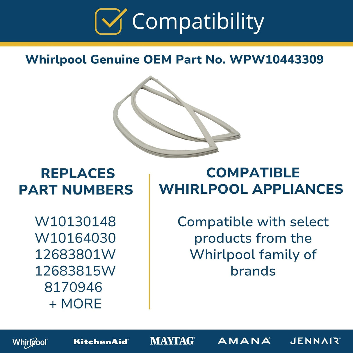 Whirlpool WPW10443309 Genuine OEM Refrigerator Door Gasket Replacement Part - Replaces W10130148, W10164030, and more
