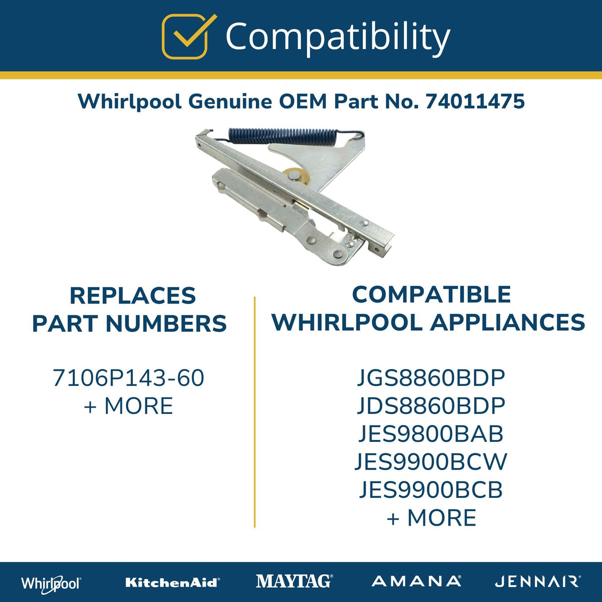 Whirlpool 74011475 OEM Oven Door Hinge, White
