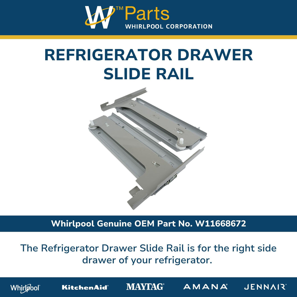 Whirlpool W11668672 Genuine OEM Refrigerator Drawer Slide Rail Replacement Part - Replaces W10564639, W10564644, W10625070, and more