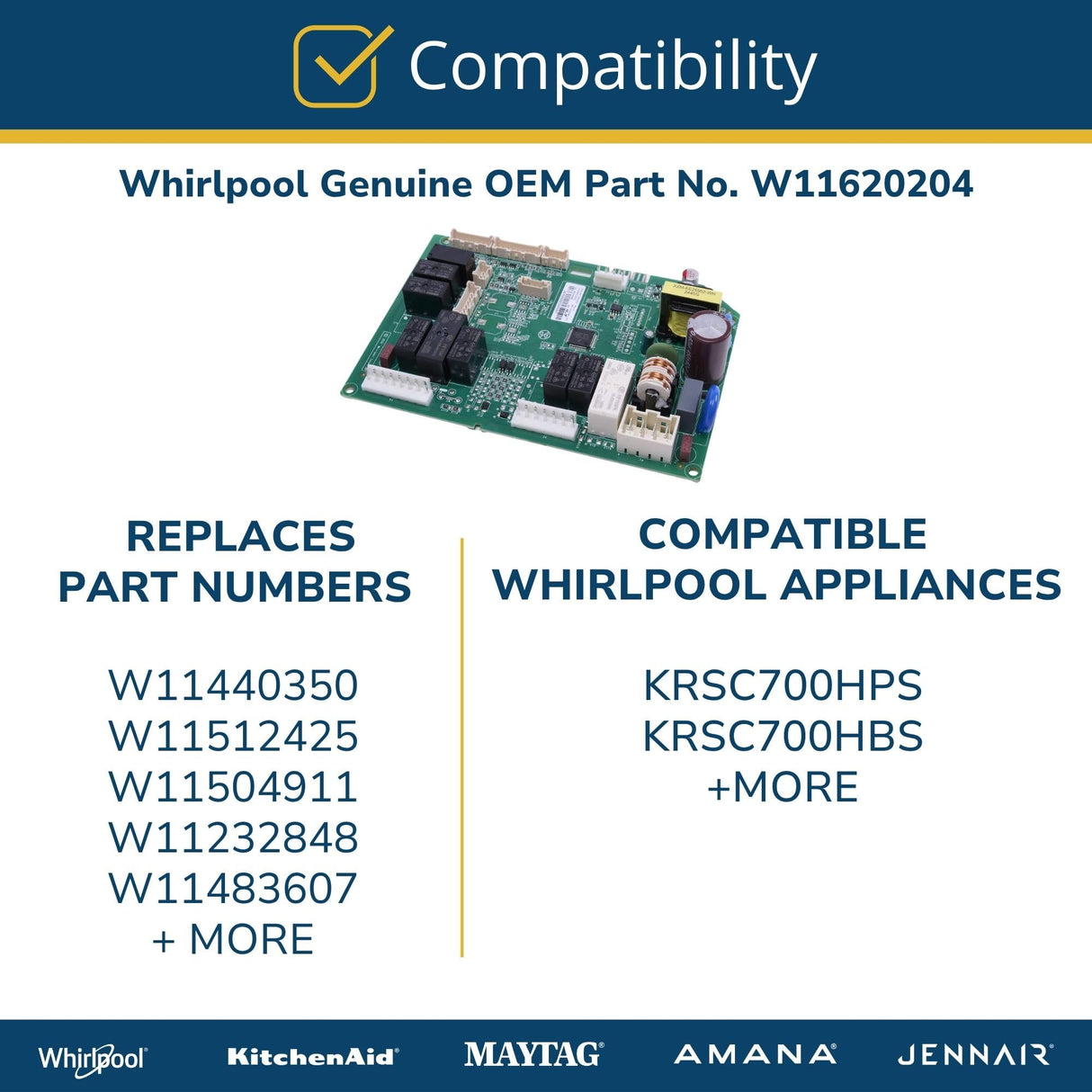 Whirlpool W11620204 Genuine OEM Refrigerator Main Control Board Replacement Part - Replaces W11440350, W11512425, and more