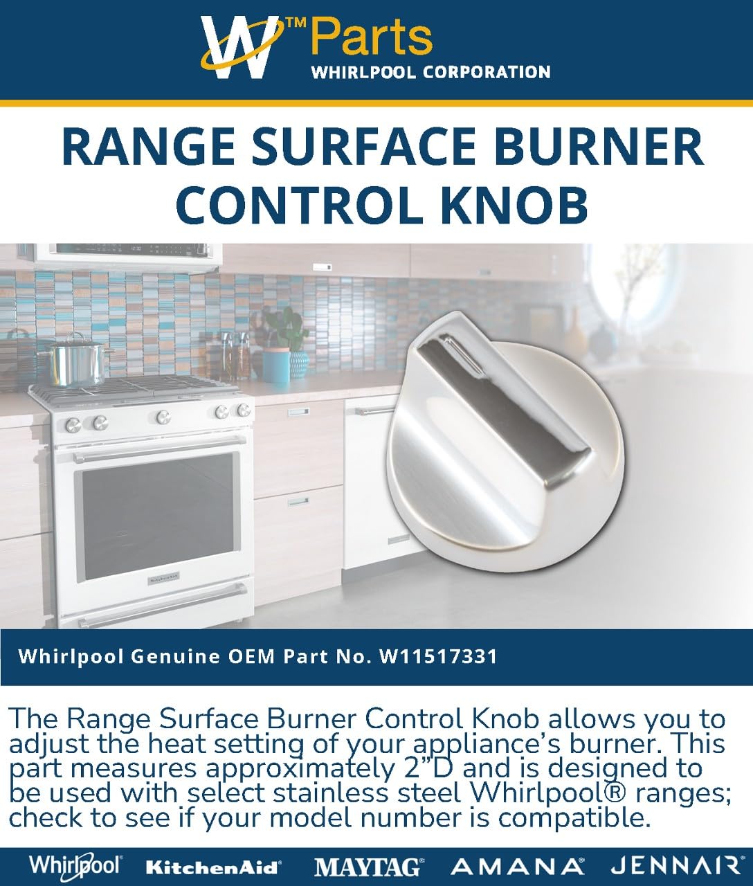 Whirlpool W11517331 OEM Range Surface Burner Control Knob