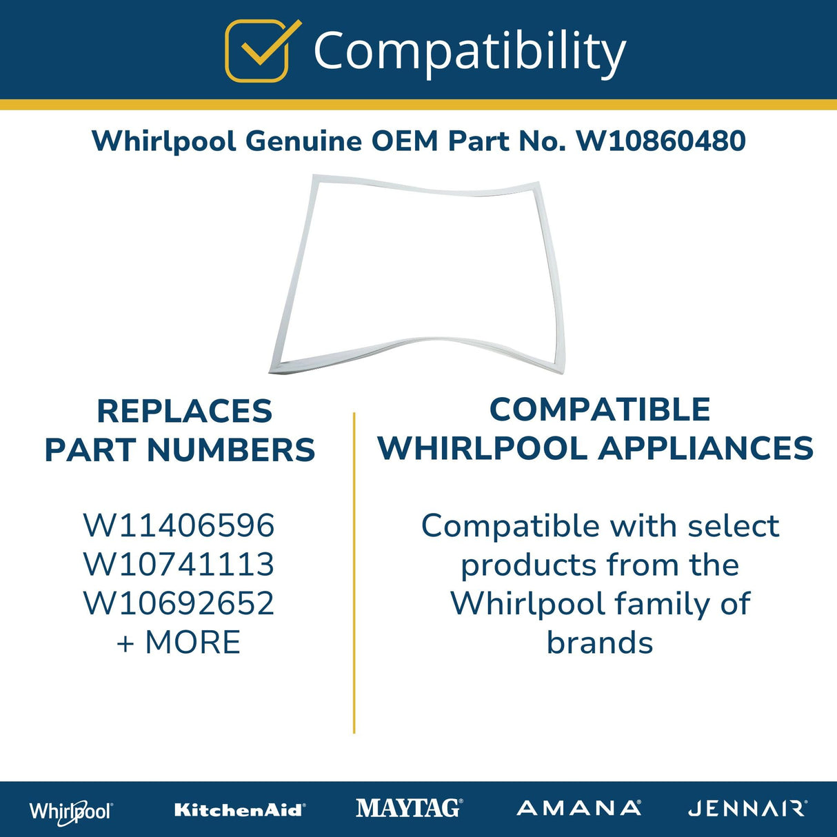 Whirlpool W10860480 OEM SxS Refrigerator Door Gasket