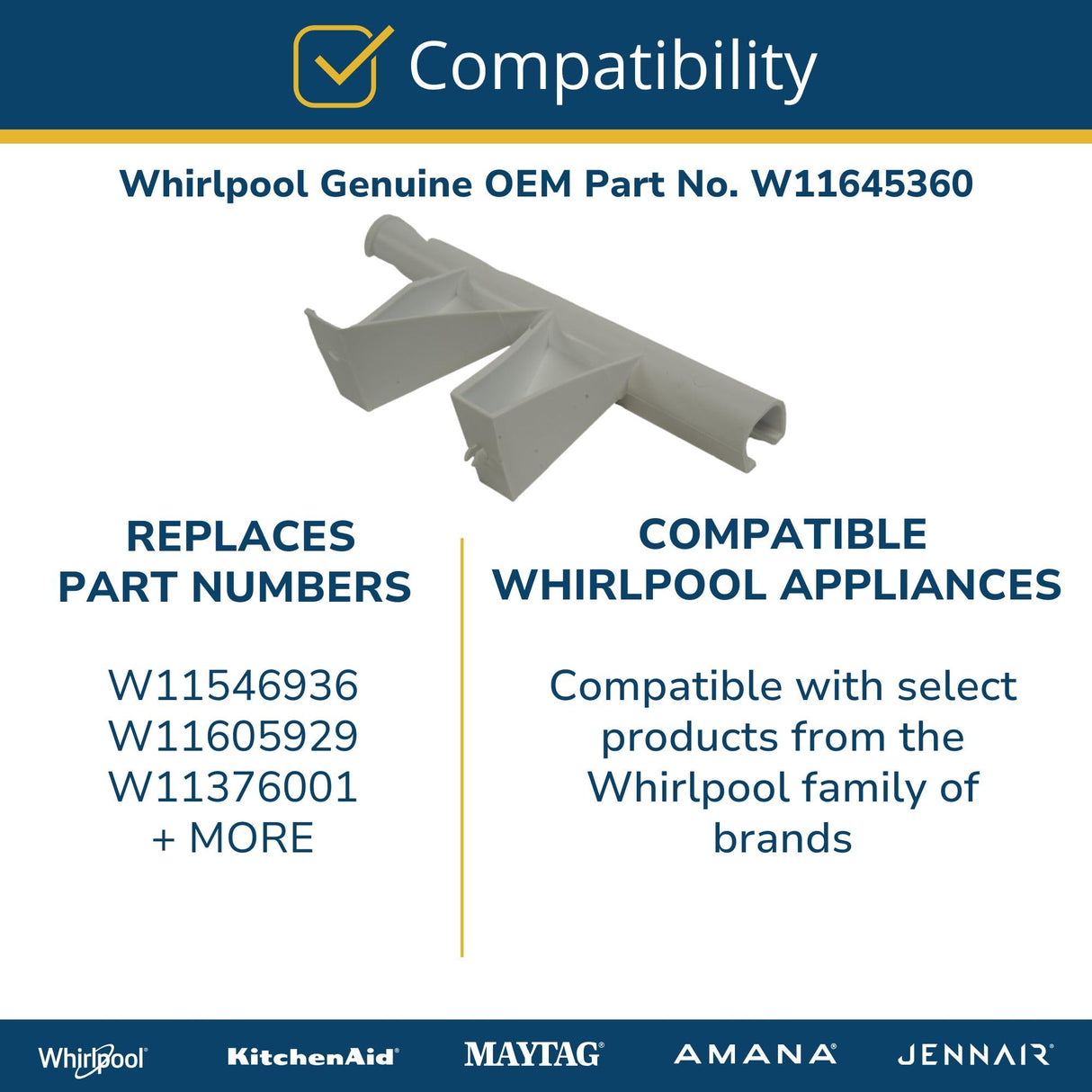 Whirlpool W11645360 OEM Refrigerator Ice Maker Water Chute, White