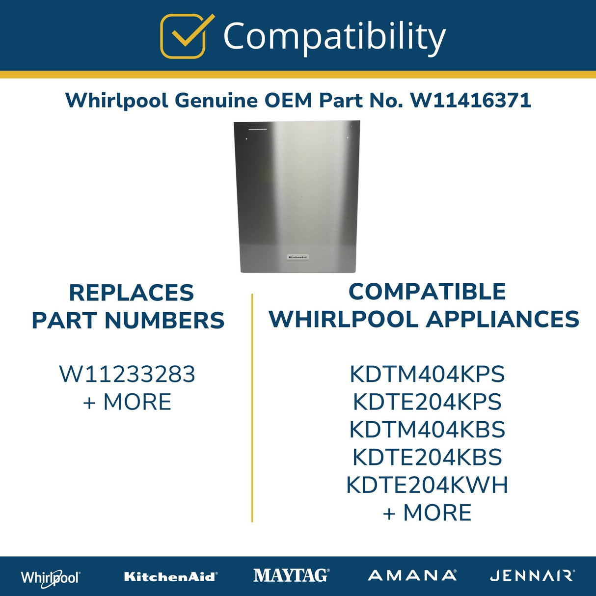 Whirlpool W11416371 Genuine OEM Dishwasher Door Outer Panel