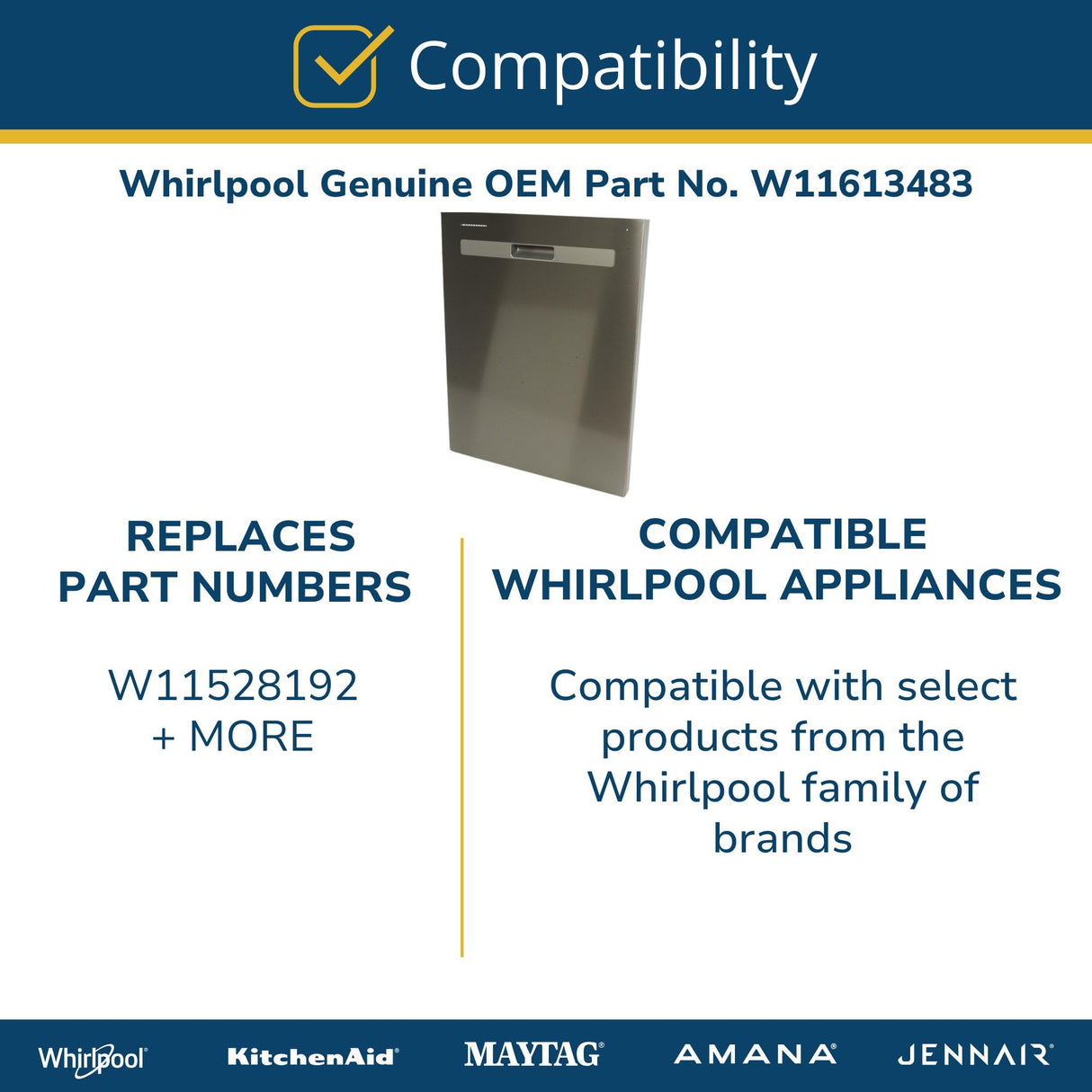 Whirlpool W11613483 Genuine OEM Dishwasher Door Outer Panel