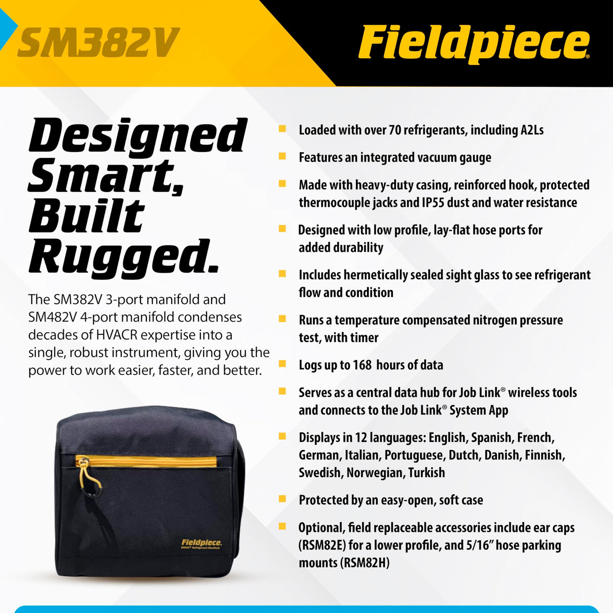 Fieldpiece SM382V 3-Valve SMAN Series Wireless Digital Refrigerant Manifold