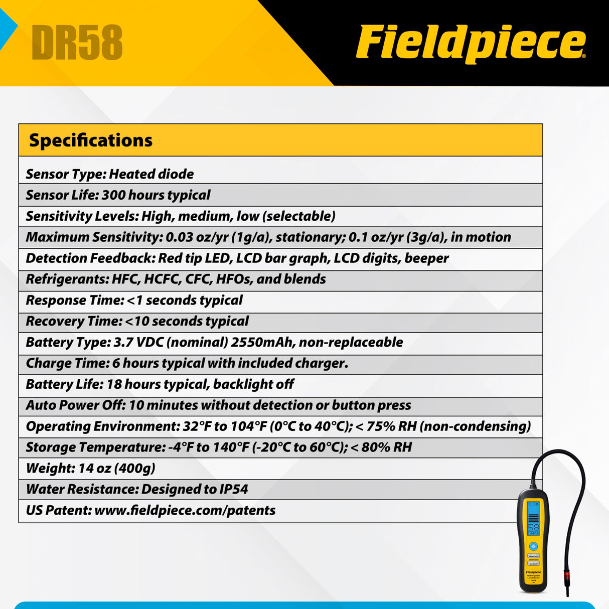 Fieldpiece DR58 - Heated Diode Refrigerant Leak Detector, Battery Powered