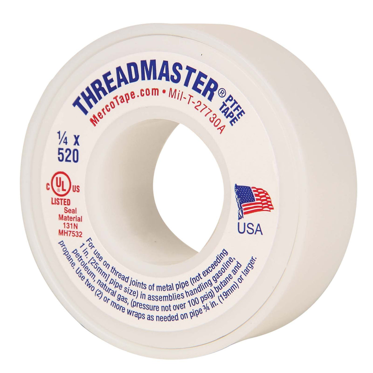 Merco Tape M55-14520 Teflon Premium Standard Density Thread Seal Tape (Domestic), 1/4" x 520", White