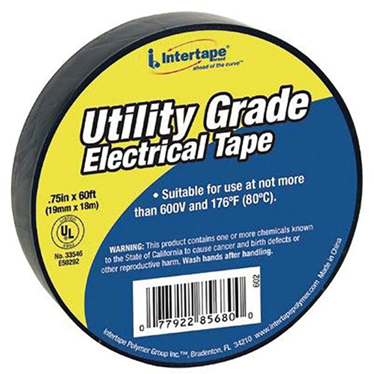 Intertape Polymer UT602 PVC Vinyl Black General Purpose Utility Grade Electrical Tape, 3/4" W x 60 ft L x 7 Mil T