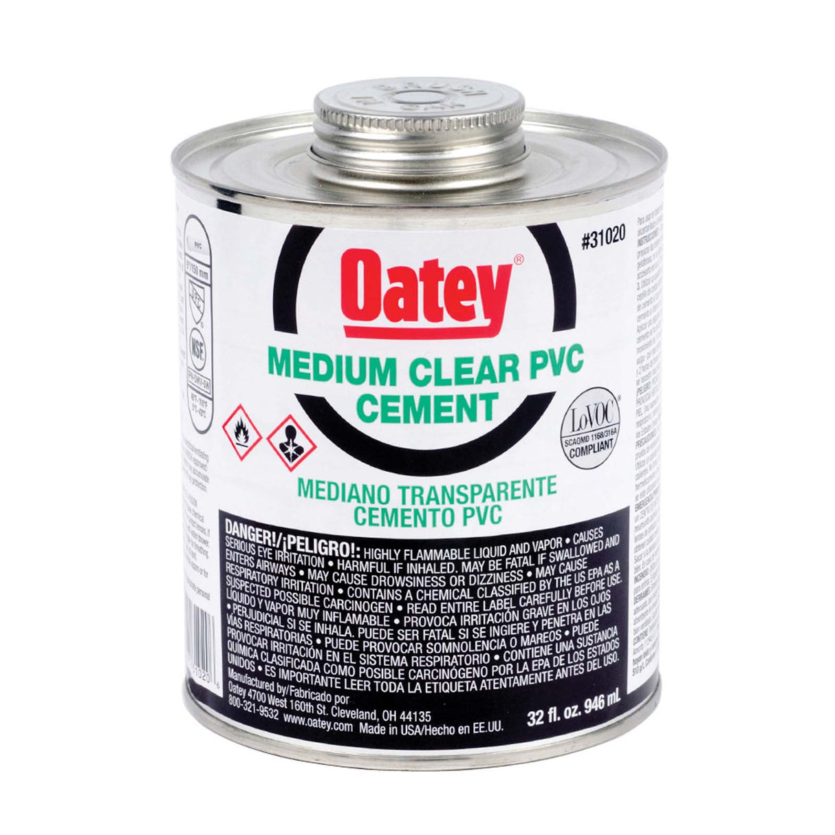 Oatey 31020 Medium PVC Cement, 32 oz Can, Clear