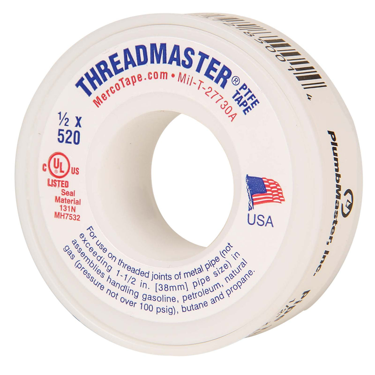 PlumbMaster Approved 96428 Domestic Teflon Tape, 520" Length x 1/2" Width