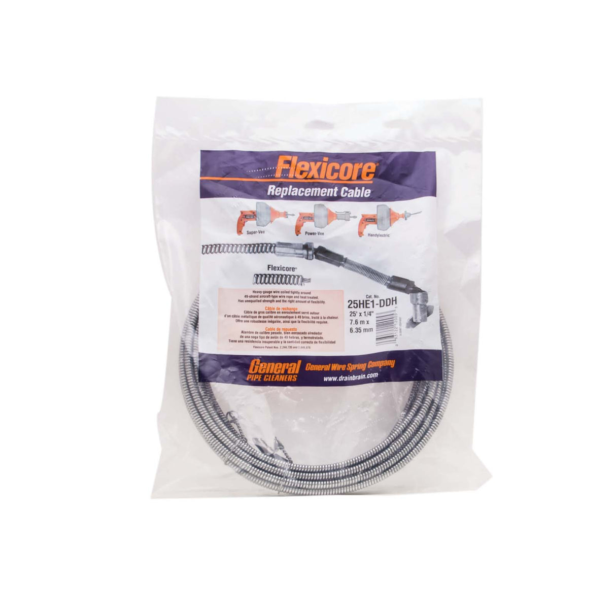 General Pipe Cleaners Flexicore 25HE1-DDH Replacement Cable with Double Down Head, 1/4" x 25 ft