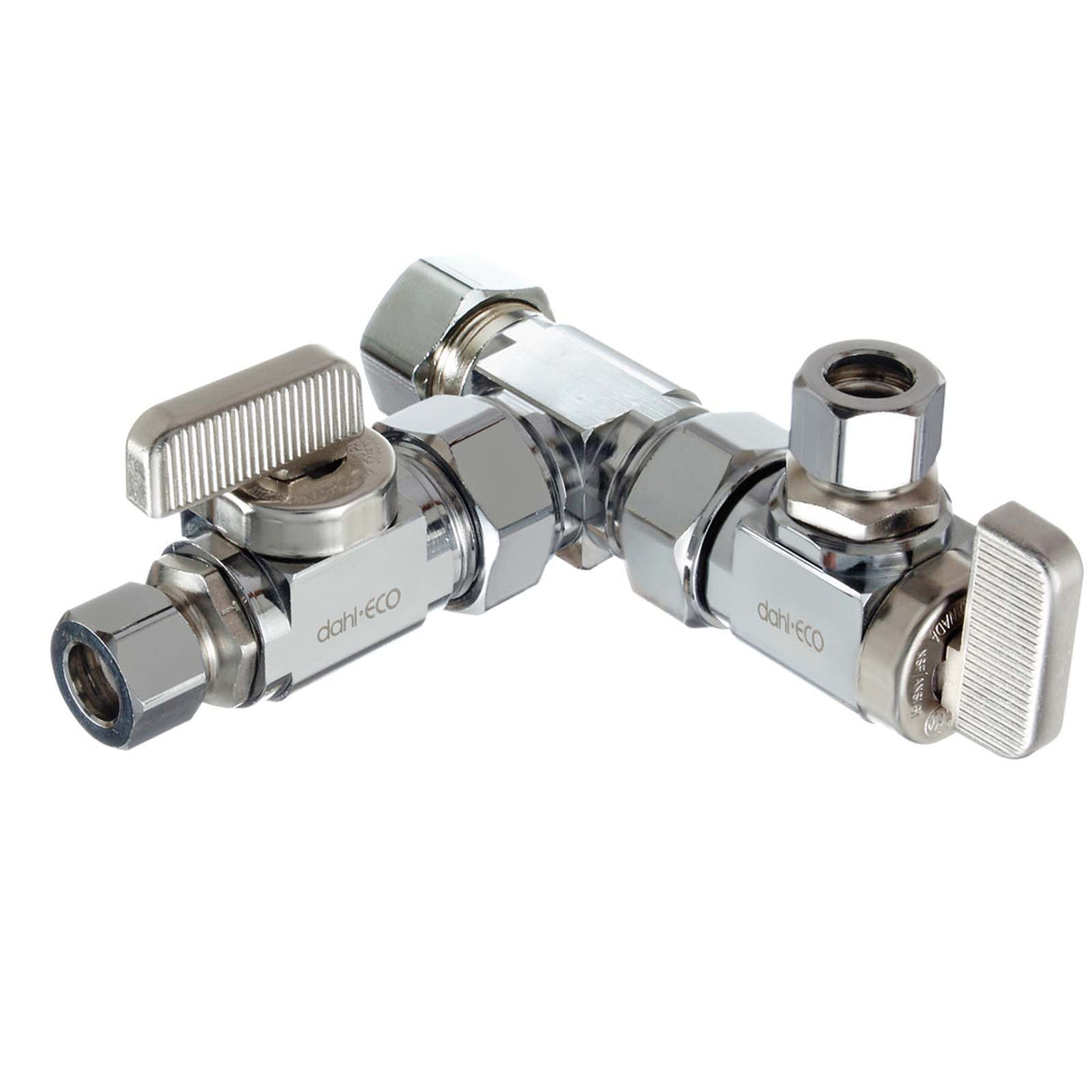 Dahl E33-6001 5/8" x 3/8" x 3/8" Chrome Plated Brass (Lead Free) 1/4-Turn Dual Shut-Off Valve