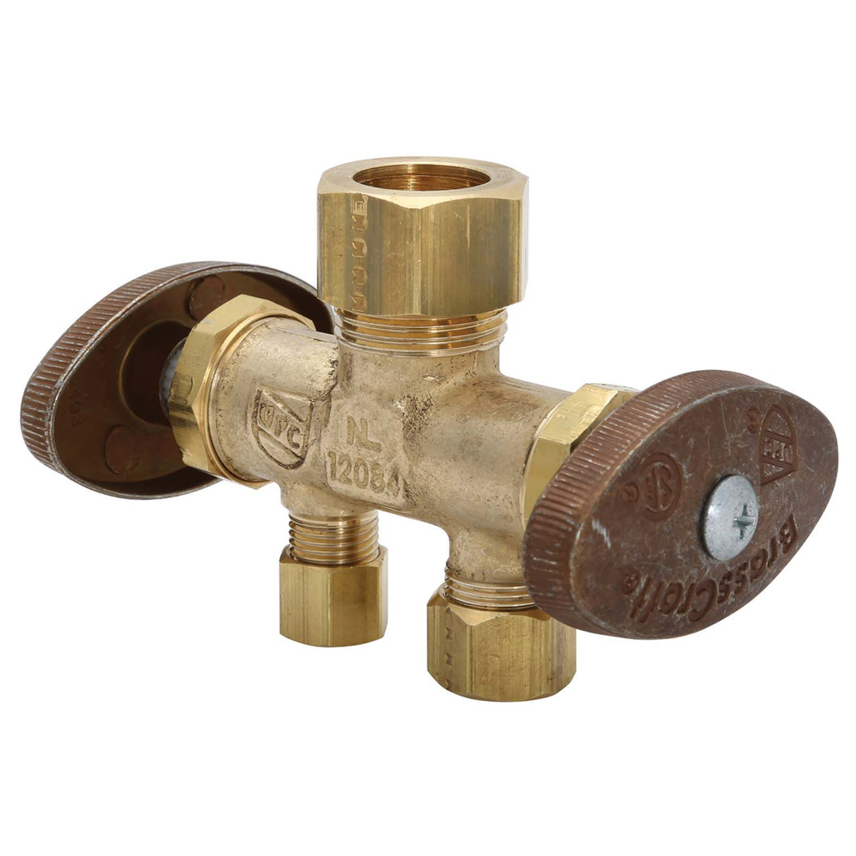 1/2" x 3/8" x 3/8" Rough Brass Encore Multi-Turn Dual Outlet Shut-Off Stop