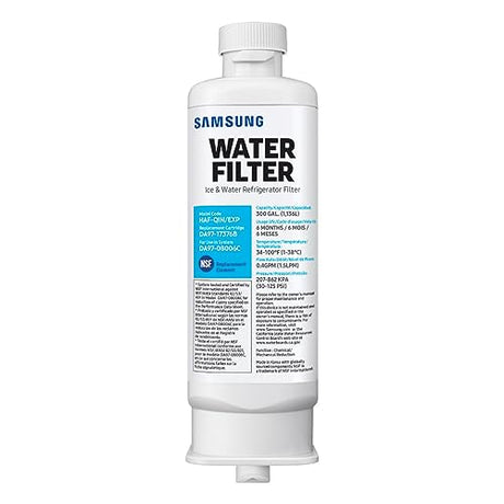 SAMSUNG Genuine Filter for Refrigerator Water and Ice, Carbon Block Filtration, Reduces 99% of Harmful Contaminants for Clean, Clear Drinking Water, 6-Month Life, HAF-QIN/EXP, 1 Pack