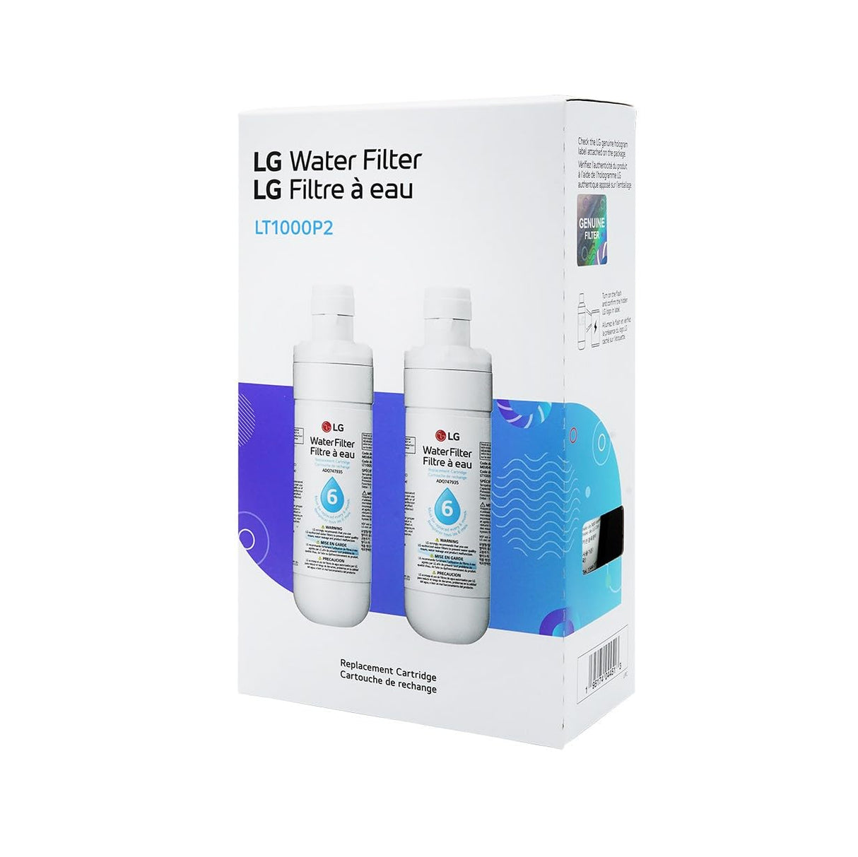 LG LT1000P2 6-Month / 200 Gallon Refrigerator Replacement Water Filter, 2 Count (Pack of 1), White.