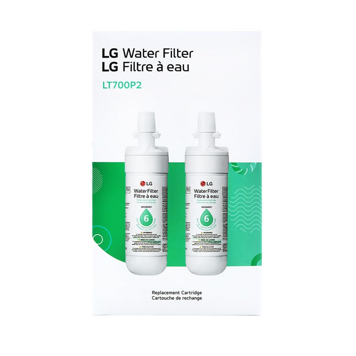 LG LT700P2 6-Month / 200 Gallon Refrigerator Replacement Water Filter, 2 Count (Pack of 1), White
