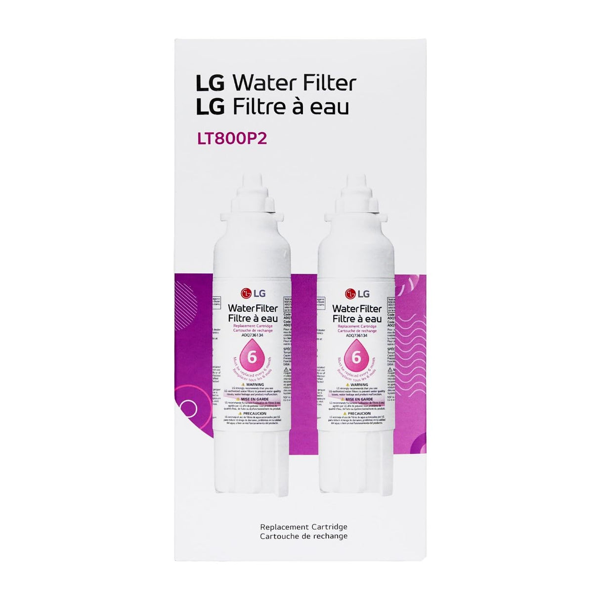 LG LT800P2 6-Month / 200 Gallon Refrigerator Replacement Water Filter, 2 Count (Pack of 1), White