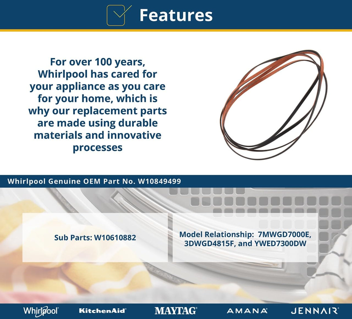 Whirlpool W10849499 Genuine OEM Dryer Drum Belt