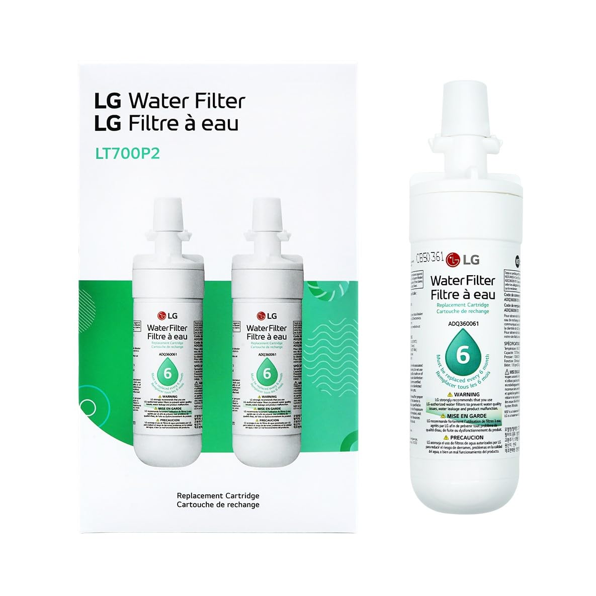 LG LT700P2 6-Month / 200 Gallon Refrigerator Replacement Water Filter, 2 Count (Pack of 1), White